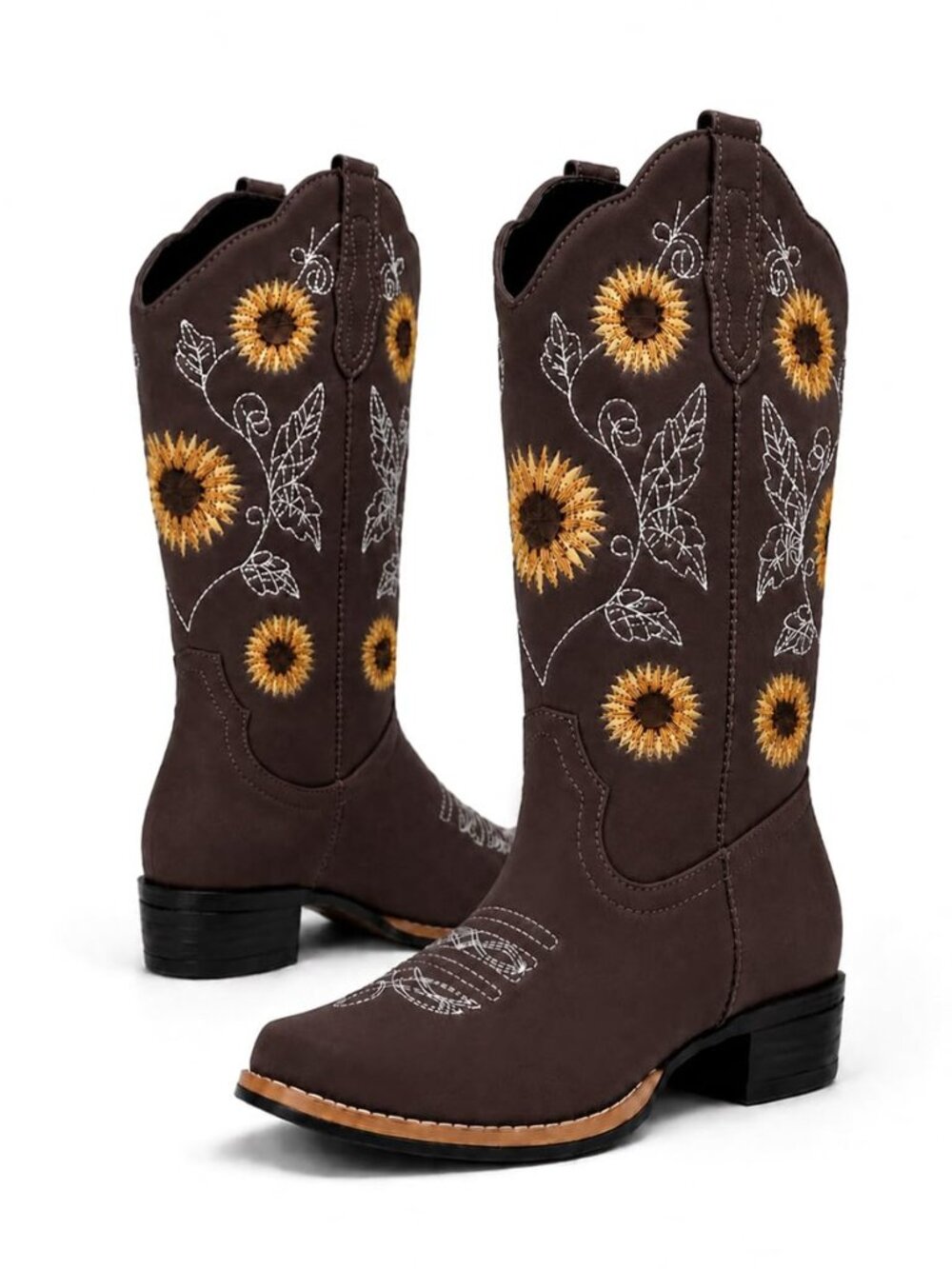 Women's Sunflower Cowboy Boots Cowgirl Square Toe Mid Calf Low Heel